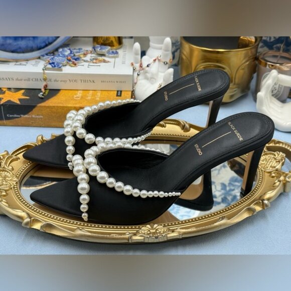 🆕 BLACK SUEDE STUDIO 🧿 NWOB Gigi 80 Pearl Black Satin Mule Sandals, Sz 40 US 9 - Picture 13 of 16